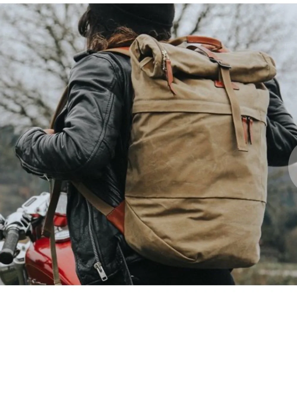 Roll-Top Canvas Backpack for Men — Khaki with Brown Trim